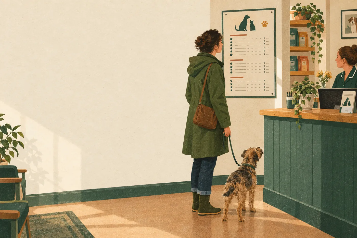 A pet owner with a terrier reads a printed price list on the wall of a vet's reception.